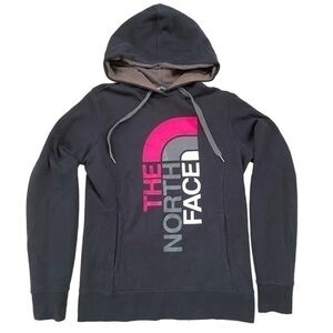 THE NORTH FACE | WOMENS BLACK & PINK, GRAY LOGO DRAWSTRING HOODIE, SIZE S/P